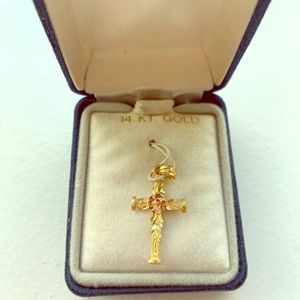 14K gold cross with rose gold rose